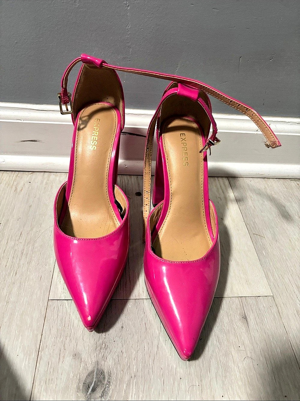 Express Pink Patent Platform Block Heel Ankle Strap Pumps